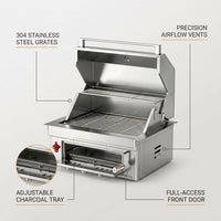 27-IN Premium Portable 304 Stainless Steel Built-In Charcoal Grill with Adjustable Charcoal Tray, Large Front Access Door, and Side Vents, Ideal for Outdoor Family BBQ Gatherings — infographic