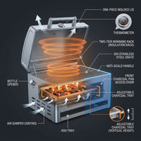 27-IN Premium Portable 304 Stainless Steel Built-In Charcoal Grill with Adjustable Charcoal Tray, Large Front Access Door, and Side Vents, Ideal for Outdoor Family BBQ Gatherings — How It Works