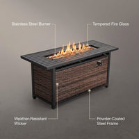 56 Inch Gas Fire Pit Table,Rectangular Propane Fireplace | Outdoor Rattan Propane Fire Table with Fire Glass, Lid, 50,000 BTU Firepits for outside Patio — infographic