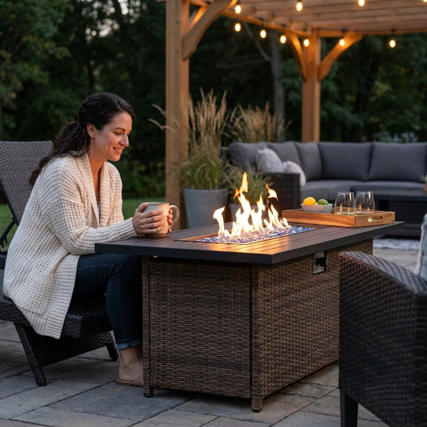 Rectangular Propane Fire Pit Table Built for Year-Round Outdoor Gatherings, 50,000 BTU, Wicker Base, Steel Burner