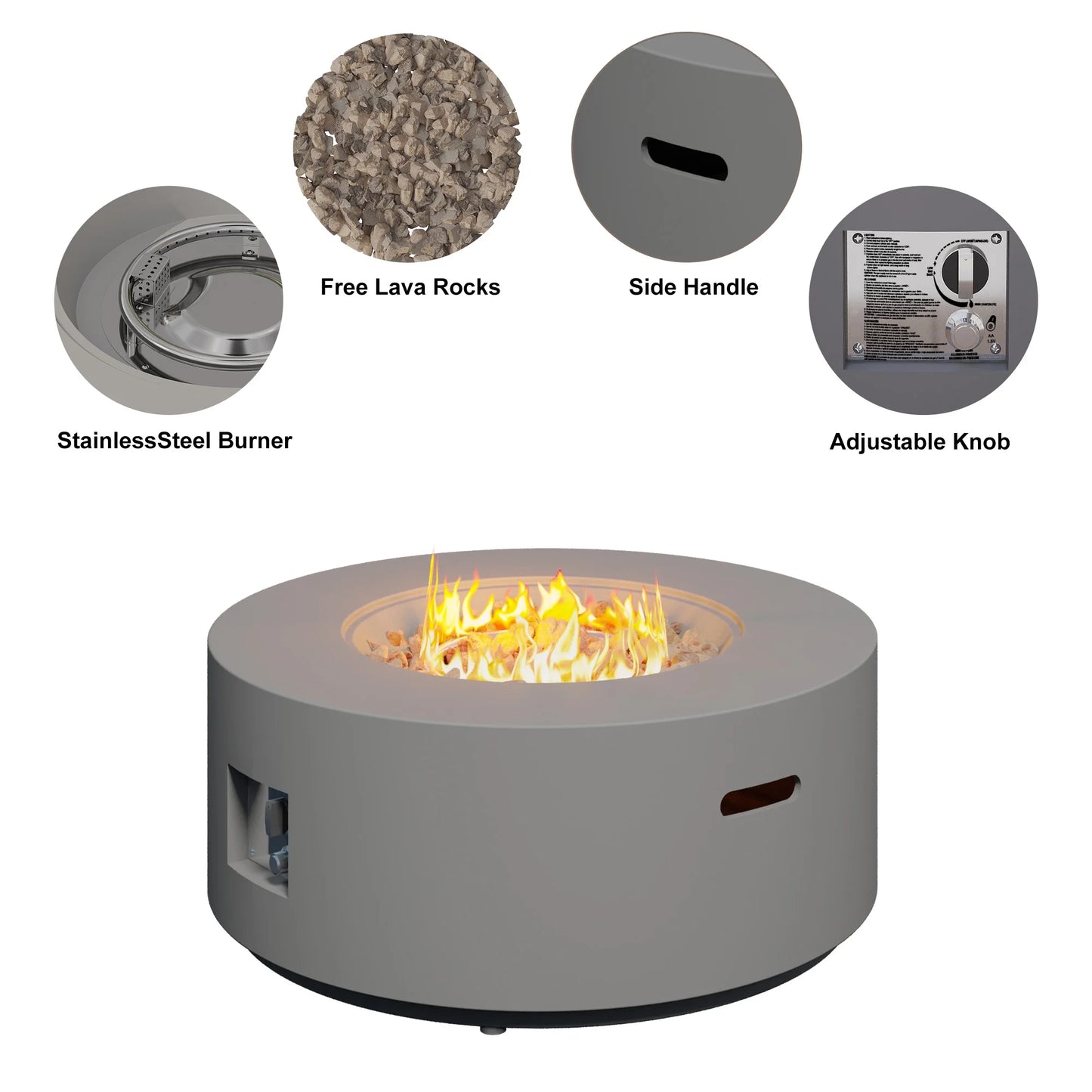 32.5 Inch round Propane Fire Pit for outside White 50K BTU Outdoor with Lava Rocks, All Weather Applicable, Gray