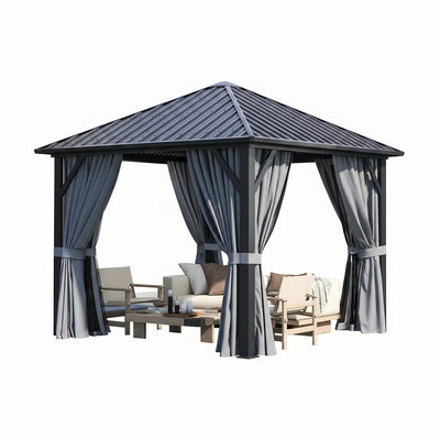 10 Ft. X 10 Ft. Outdoor Galvanized Steel Roof Gazebo, Aluminum Frame Pergolas with Ceiling Hook, Curtains and Netting
