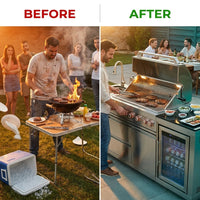 82-Inch 6-Burner Gas Grill 85,000 BTU Outdoor Kitchen Barbecue | Stainless Steel Grill Island with Sink, Storage Cabinets, and Wine Refrigerator,Backyard, Patio, Lawn, Silver — Before & After