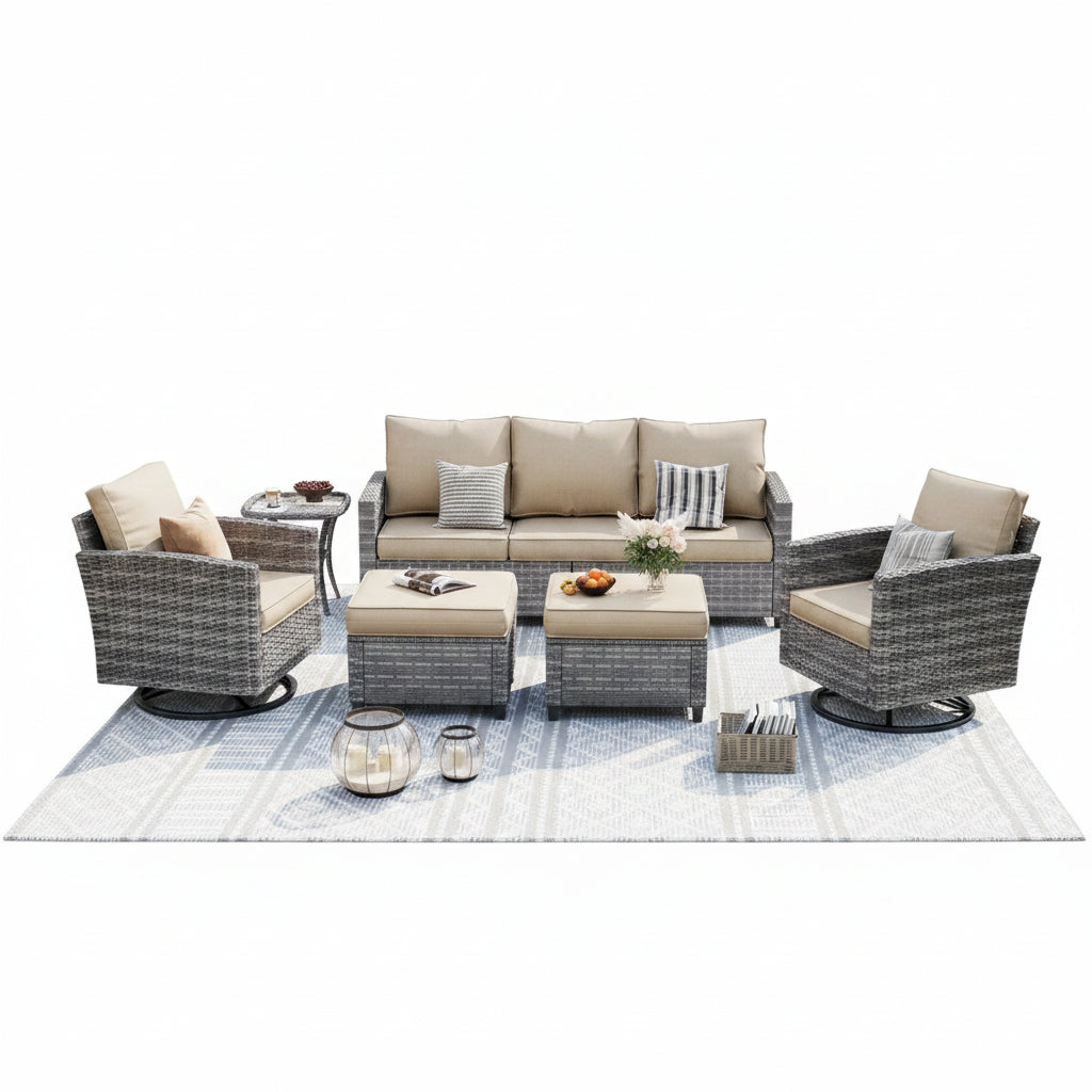 Patio Furniture Set, 6 Pieces Outdoor Patio Set, All-Weather Wicker Rattan Outdoor Furniture Set with Swivel Chairs for Poolside, Backyard, Gray Wicker Khaki Cushions
