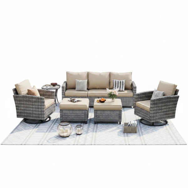 Patio Furniture Set, 6 Pieces Outdoor Patio Set, All-Weather Wicker Rattan Outdoor Furniture Set with Swivel Chairs for Poolside, Backyard, Gray Wicker Khaki Cushions