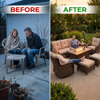 Luxurious 7 Piece Patio Furniture Set with Fire Pit Table, High Back Wicker Swivel Rocker Glider Outdoor Chairs with 6" Cushion, All-Weather Patio Conversation Set for Yard Garden - Brown/Beige — Before & After