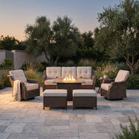 Luxurious 7 Piece Patio Furniture Set with Fire Pit Table, High Back Wicker Swivel Rocker Glider Outdoor Chairs with 6" Cushion, All-Weather Patio Conversation Set for Yard Garden - Brown/Beige — Studio Shot