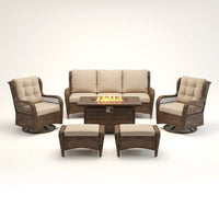 Luxurious 7 Piece Patio Furniture Set with Fire Pit Table, High Back Wicker Swivel Rocker Glider Outdoor Chairs with 6" Cushion, All-Weather Patio Conversation Set for Yard Garden - Brown/Beige — Studio Shot