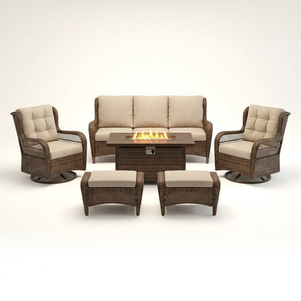 Luxurious 7 Piece Patio Furniture Set with Fire Pit Table, High Back Wicker Swivel Rocker Glider Outdoor Chairs with 6" Cushion, All-Weather Patio Conversation Set for Yard Garden - Brown/Beige — Studio Shot