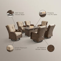 Luxurious 7 Piece Patio Furniture Set with Fire Pit Table, High Back Wicker Swivel Rocker Glider Outdoor Chairs with 6" Cushion, All-Weather Patio Conversation Set for Yard Garden - Brown/Beige — infographic