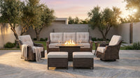 Luxurious 7 Piece Patio Furniture Set with Fire Pit Table, High Back Wicker Swivel Rocker Glider Outdoor Chairs with 6" Cushion, All-Weather Patio Conversation Set for Yard Garden - Brown/Beige — Lifestyle