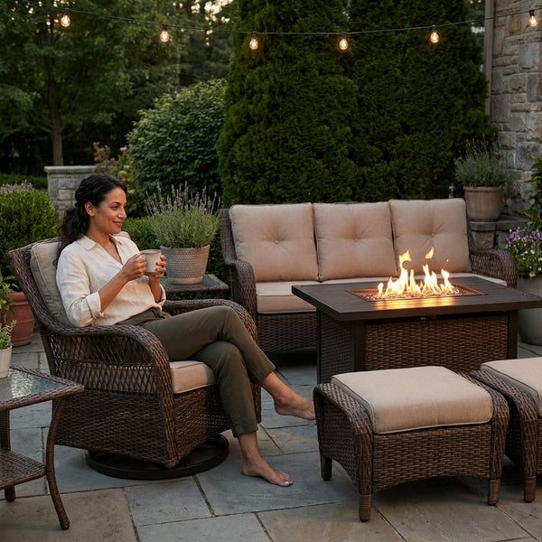 Patio Furniture Set Built for Entertaining, 7 Pieces, Propane Fire Pit Table, Swivel Rocker Chairs, Cushions