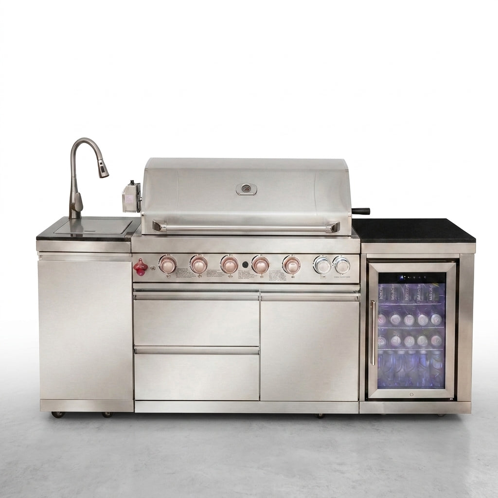 Outdoor Kitchen Island Built for Complete Outdoor Cooking, 6-Burner 85K BTU Grill, Stainless Steel Sink — Studio Shot