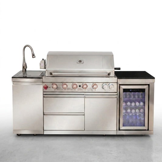 Outdoor Kitchen Island Built for Complete Outdoor Cooking, 6-Burner 85K BTU Grill, Stainless Steel Sink — Studio Shot