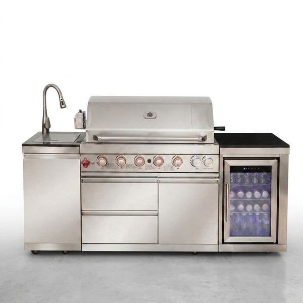 Outdoor Kitchen Island Built for Complete Outdoor Cooking, 6-Burner 85K BTU Grill, Stainless Steel Sink — Studio Shot