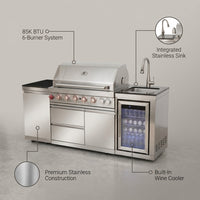 Outdoor Kitchen Island Built for Complete Outdoor Cooking, 6-Burner 85K BTU Grill, Stainless Steel Sink — infographic