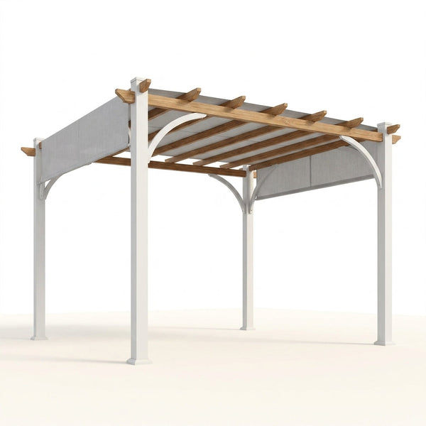 Sunjoy Outdoor Pergola 12 X 14 Ft. with Adjustable Sun Shade Canopy for Backyard and Garden Shade, Patio Modern White Steel Frame Grape Trellis Pergolas, Light Gray by — Studio Shot