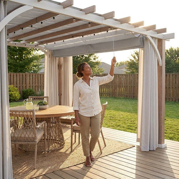 Steel Pergola Built to Provide All-Weather Shade, 12x14 Ft Frame, Adjustable Retractable Canopy, Modern Design