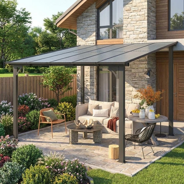 Wall Mounted Gazebo Built for All-Weather Use, Galvanized Steel Roof, Integrated Gutters, 60MPH Wind Resistance